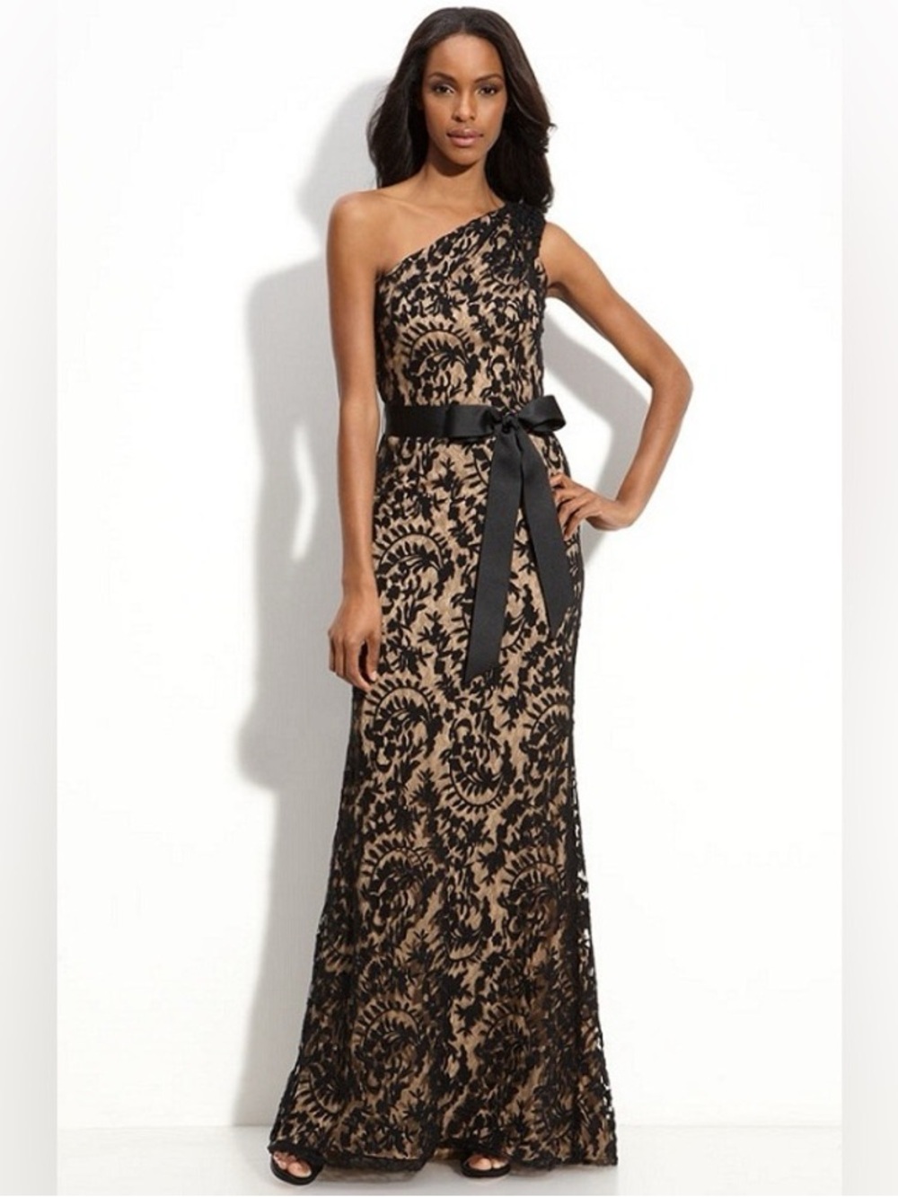Tadashi Shoji Black Lace One-Shoulder Dress with Tan Lining